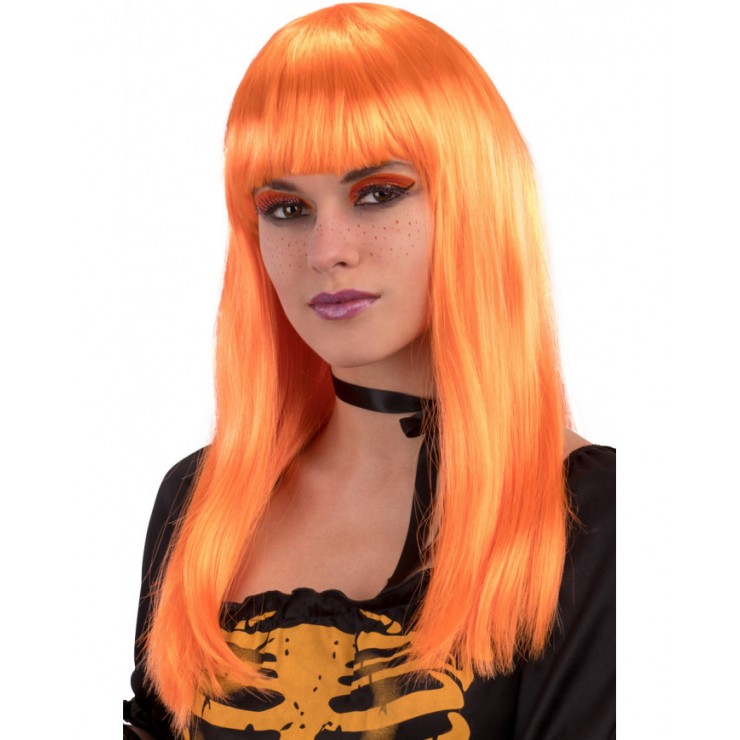 Longue perruque orange avec frange