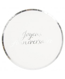 8 assiettes Joyeux Anniversaire argent