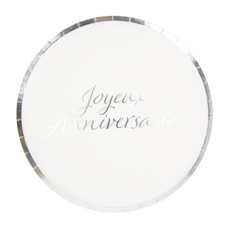 8 assiettes Joyeux Anniversaire argent