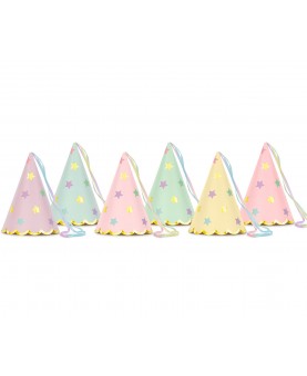 rice set anniversaire: 6 chapeaux pointus en papier décoré et pompom