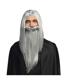 Perruque magicien gris avec barbe