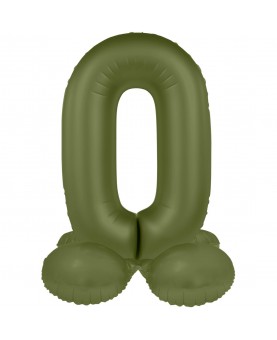 Ballon mylar chiffre 0 avec base vert olive mat