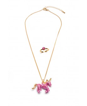 Collier et Bague Licorne Rose Pailleté