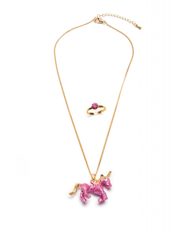 Collier et Bague Licorne Rose Pailleté